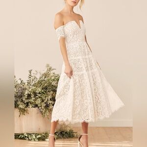 Lulus Absolutely Stunning Lace Dress Off Shoulder MIDI in Ivory fits small